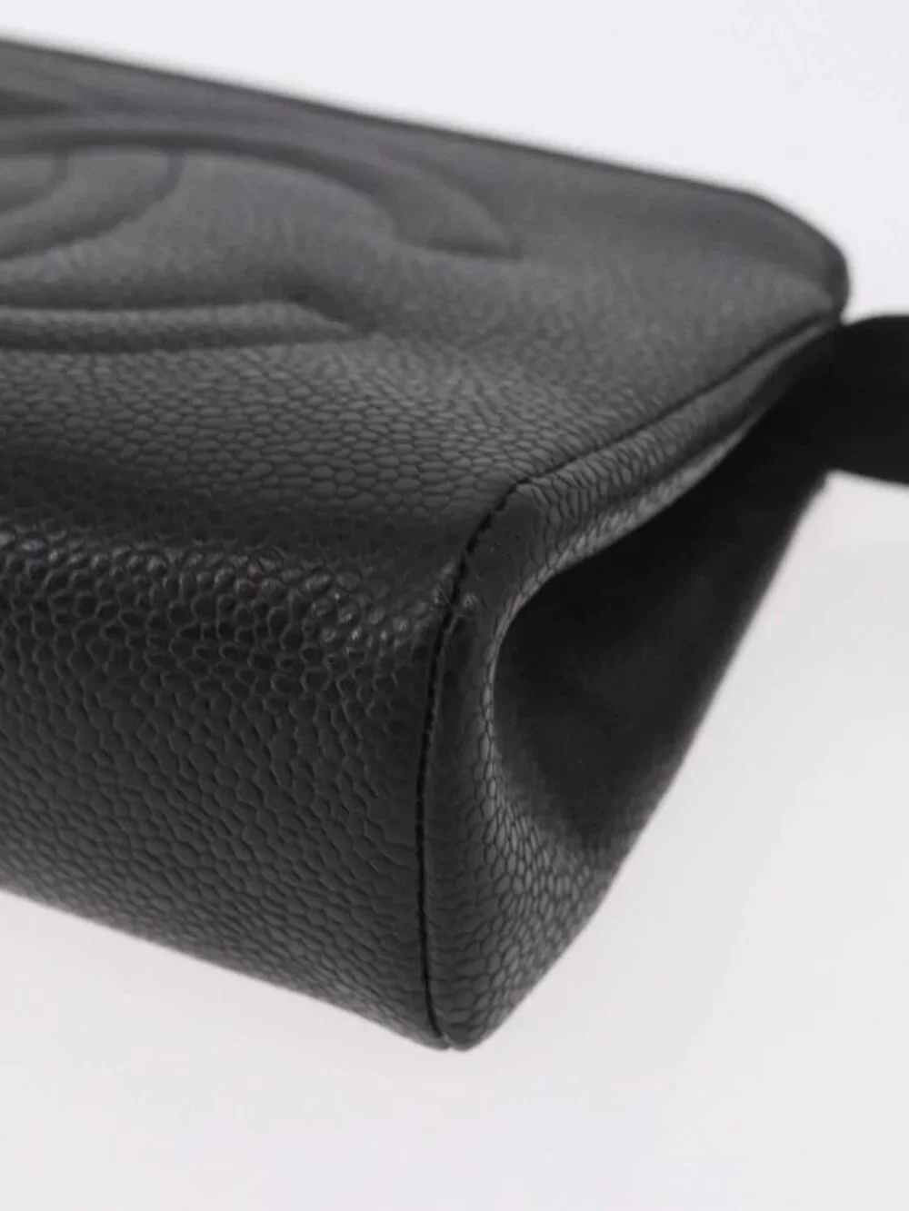 CHANEL Pouch Grained Calf Skin Black Gold CC Auth 183391